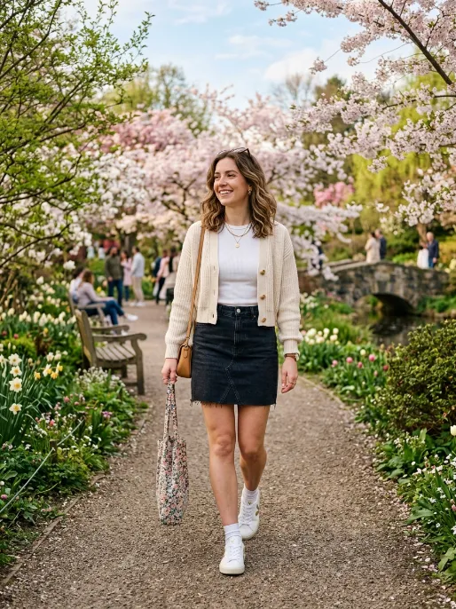 Denim skirt with a cropped cardigan