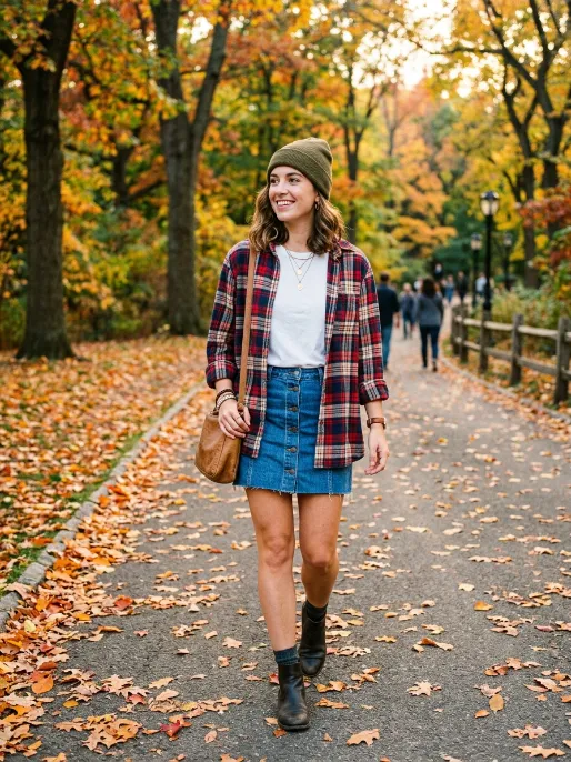 Denim skirt with a flannel shirt