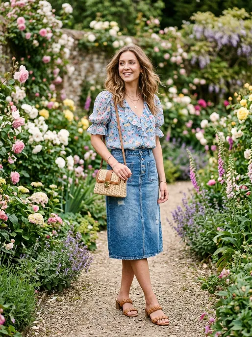 Denim skirt with a floral top