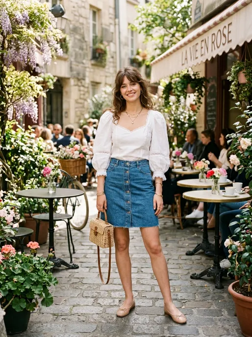 Denim skirt with a puff sleeve blouse