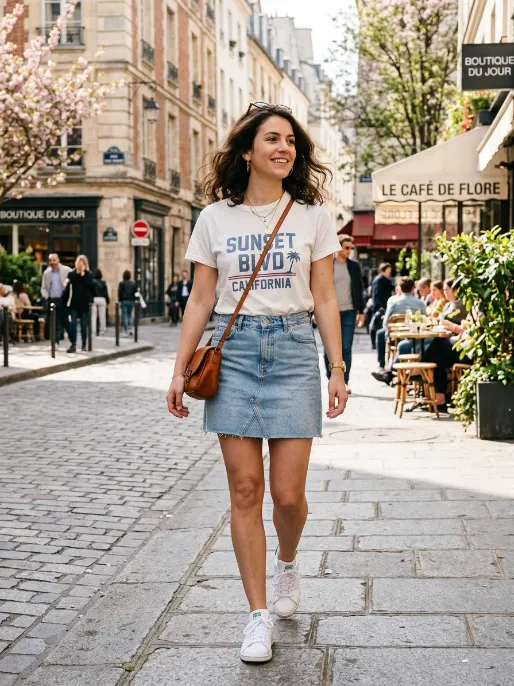 Denim skirt with a tucked in graphic tee