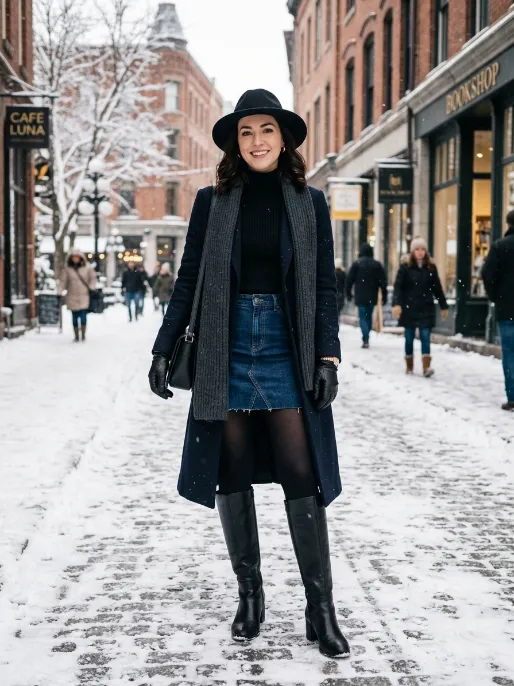 Denim skirt with a turtleneck and knee high boots