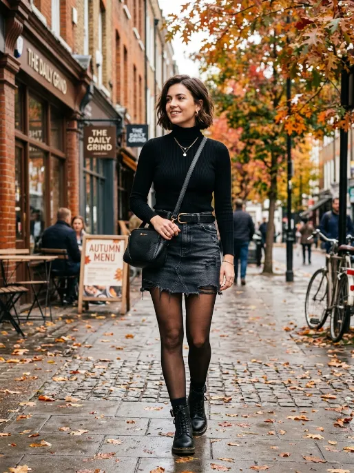 Denim skirt with a turtleneck