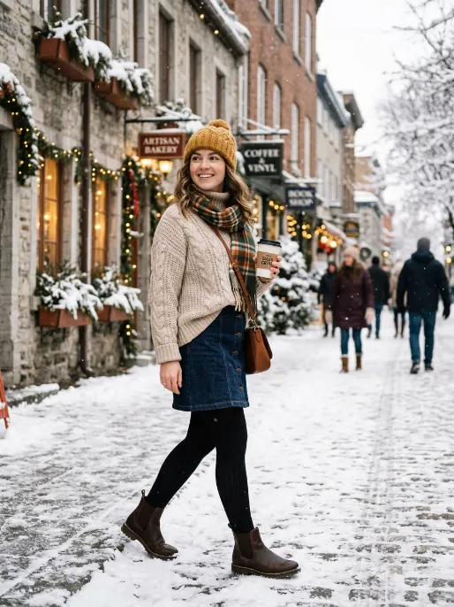 Denim skirt with an oversized sweater and beanie