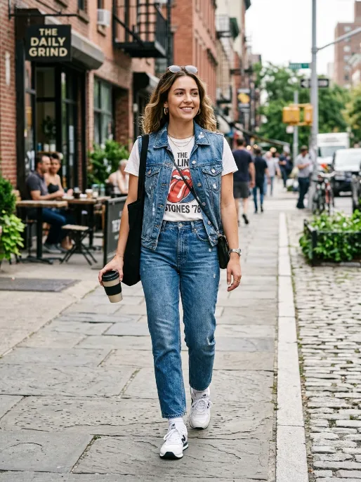 Denim vest and graphic tee