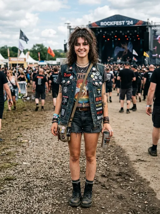 Denim vest with band tee