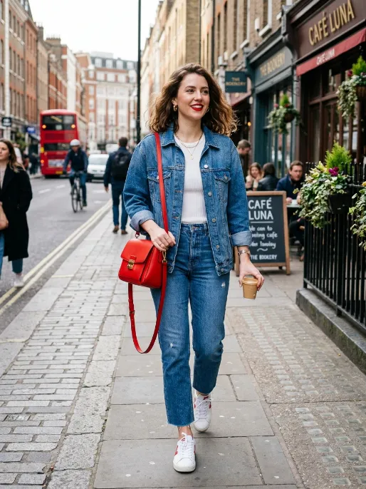 Denim on denim with red accessories