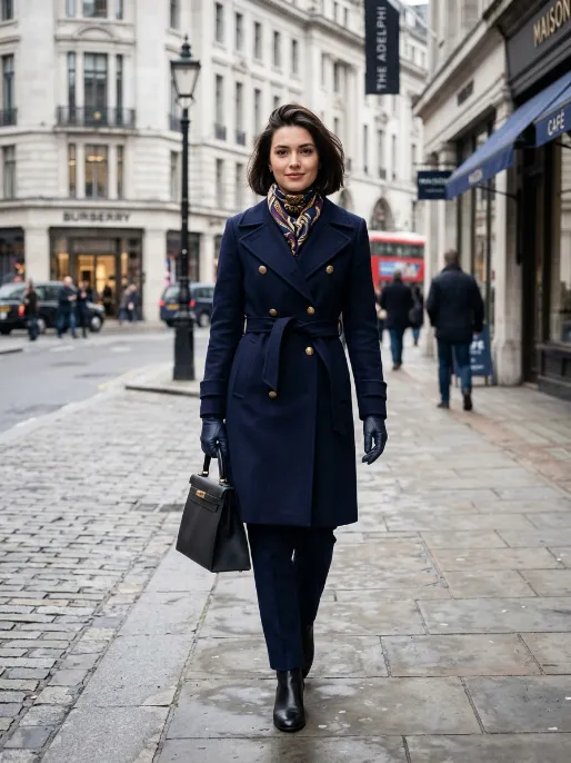 Double breasted coat with a silk scarf