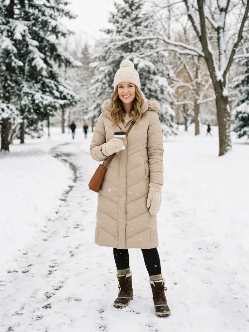 Down coat with a beanie and mittens