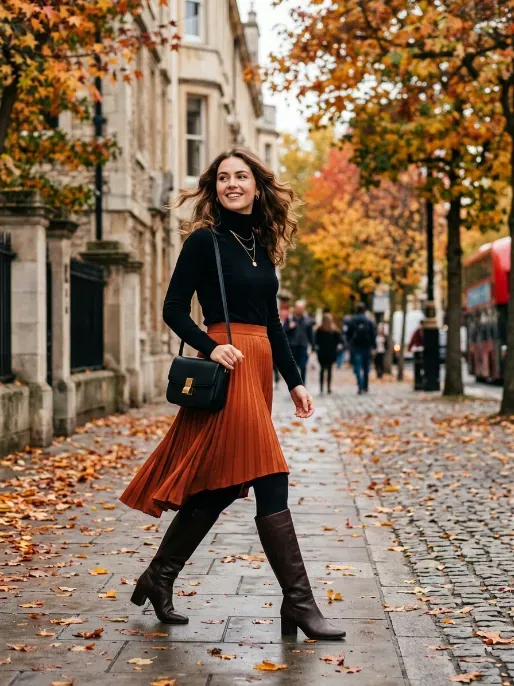 Fitted turtleneck with a pleated skirt and tights