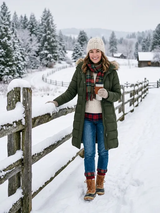 Flannel lined jeans with a puffer coat
