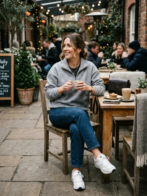Fleece pullover and jeans