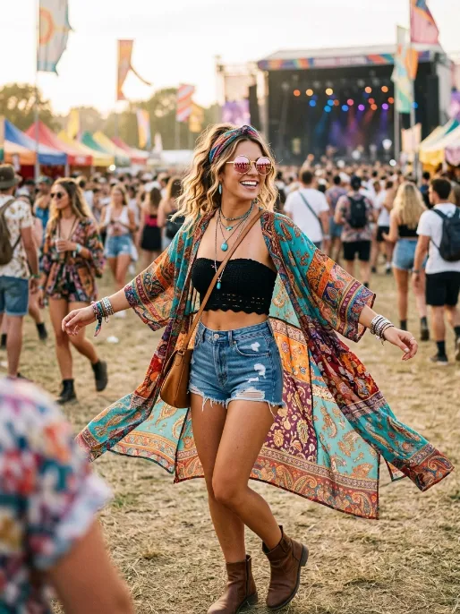 Flowy kimono over a bandeau