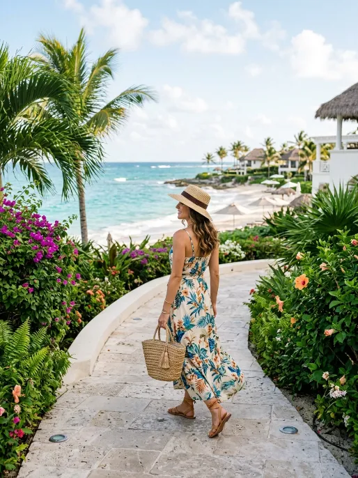 Flowy maxi dress with a straw hat
