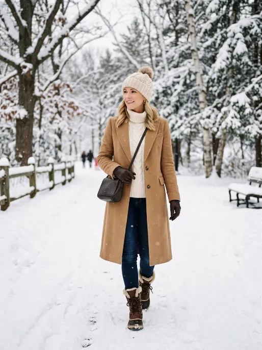 Fur lined boots with a wool coat