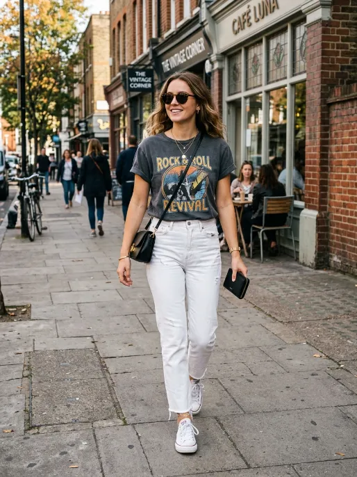 Graphic tee and white jeans