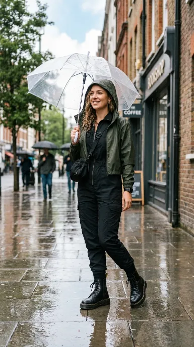 Jumpsuit with a cropped rain jacket