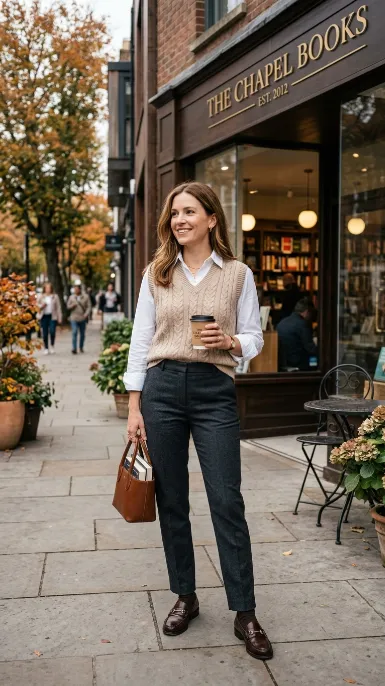 Knit sweater vest over a collared shirt