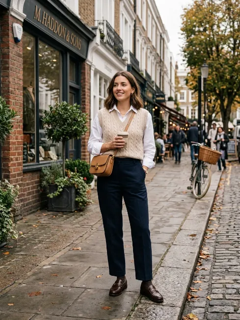 Knit vest over a collared shirt