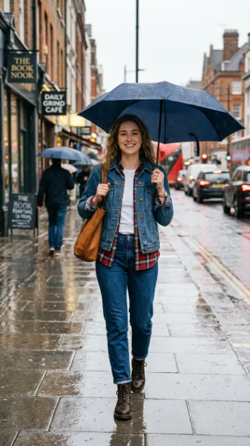 Layered flannel and denim jacket combo