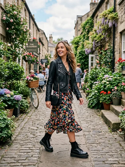 Leather jacket over a floral dress