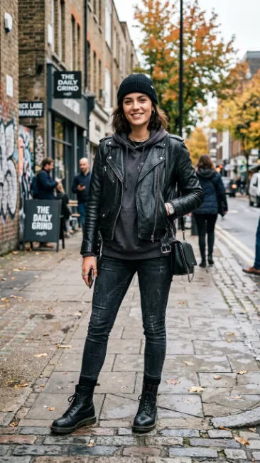 Leather jacket over a hoodie