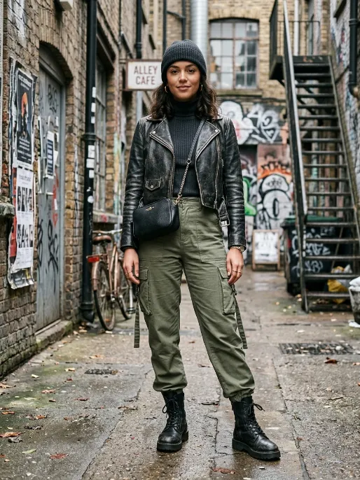 Leather jacket and cargo pants