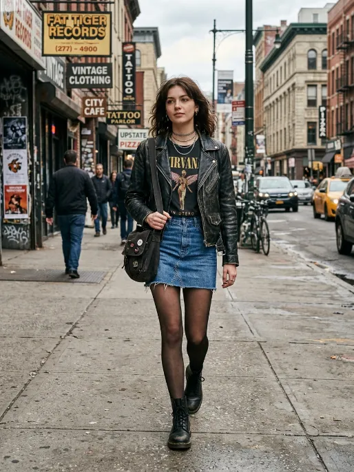 Leather jacket and denim skirt