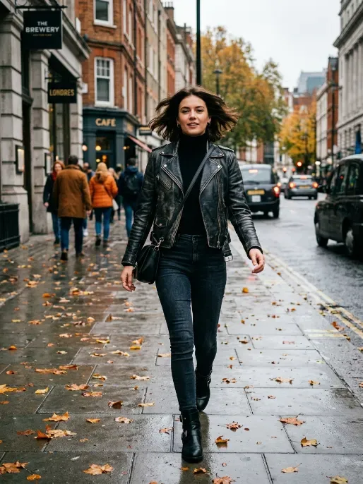 Leather jacket with fitted jeans