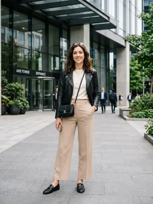 Leather jacket with wide leg trousers