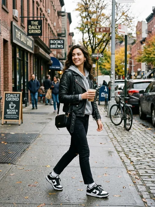 Leather jacket with a hoodie underneath