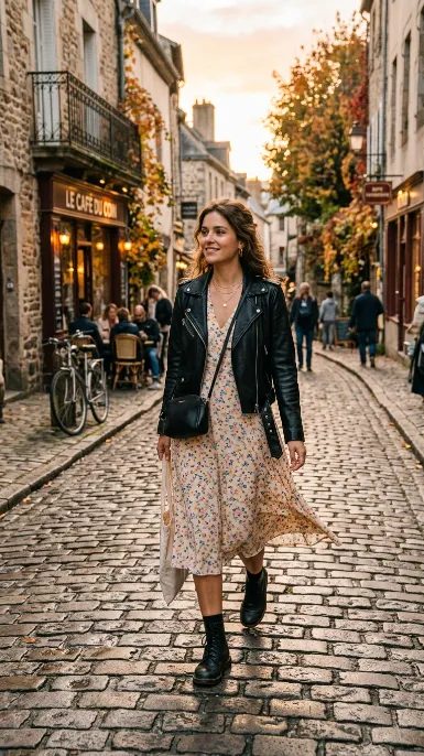 Leather jacket with a sundress