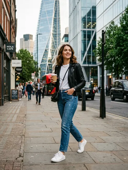 Leather jacket with a white tee and jeans