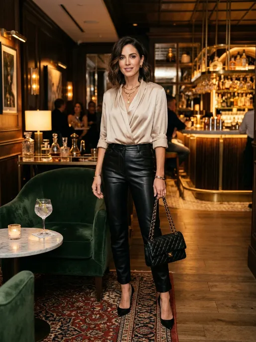 Leather pants with a silky top