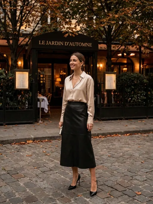 Leather skirt with a silk blouse