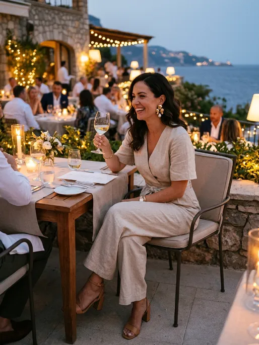 Linen jumpsuit with heeled sandals