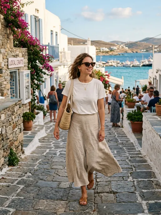 Linen maxi skirt with a basic tee