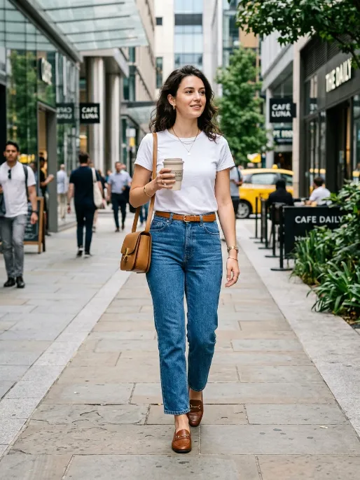Loafers with straight leg jeans and a white tee 1