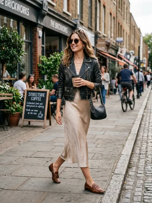 Loafers with a slip dress and a jacket 1