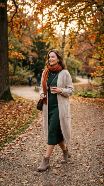 Long cardigan over a fitted dress