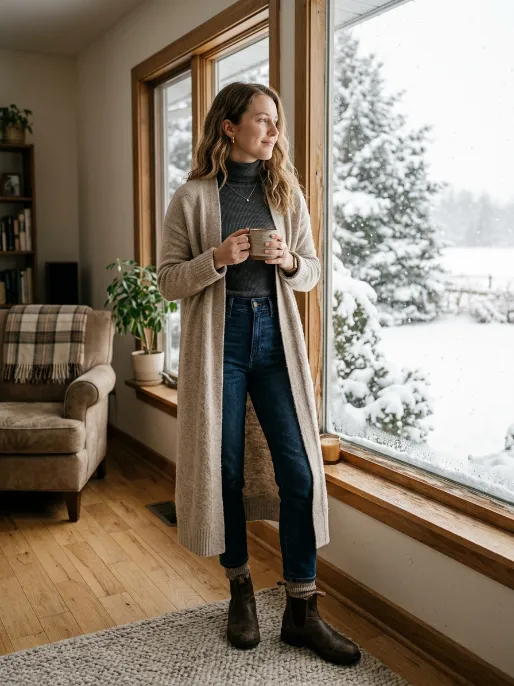 Long cardigan and ankle boots