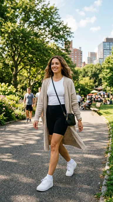 Long cardigan with bike shorts and sneakers