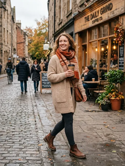 Long cardigan with leggings and a scarf