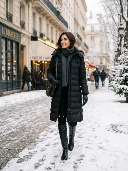 Long puffer coat with leather gloves