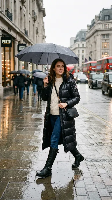 Long puffer coat with skinny jeans