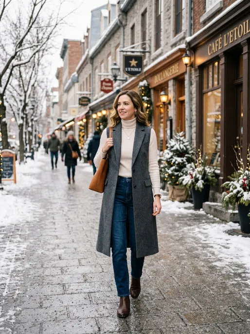 Long vest with a turtleneck and jeans