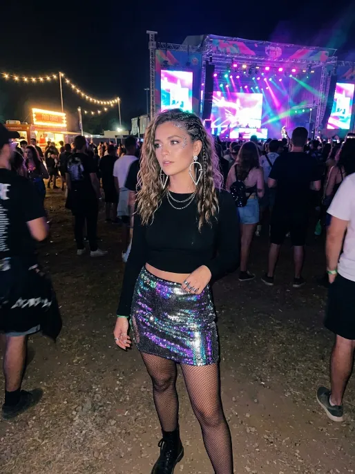 Metallic mini skirt with a simple top