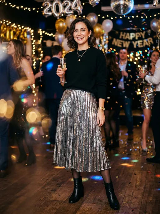 Metallic skirt with a plain sweater