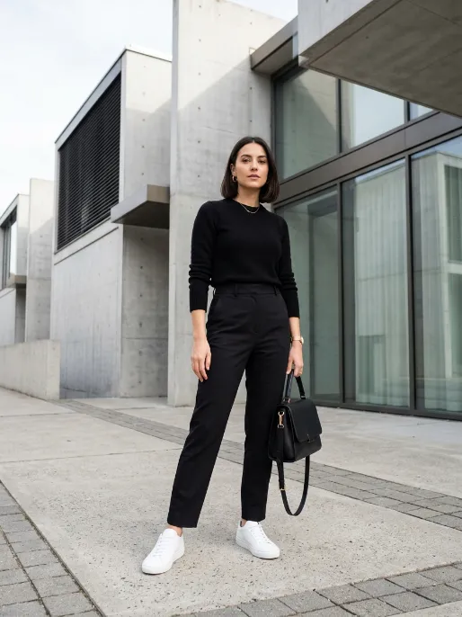 Monochrome outfit with white sneakers as contrast