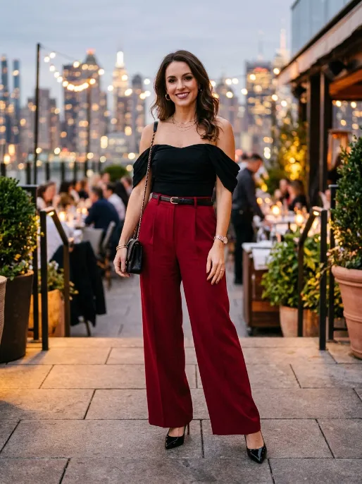Off shoulder top with wide leg pants